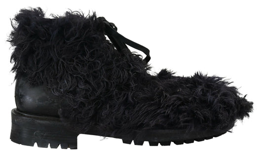 Dolce & Gabbana Black Leather Combat Shearling Boots Shoes